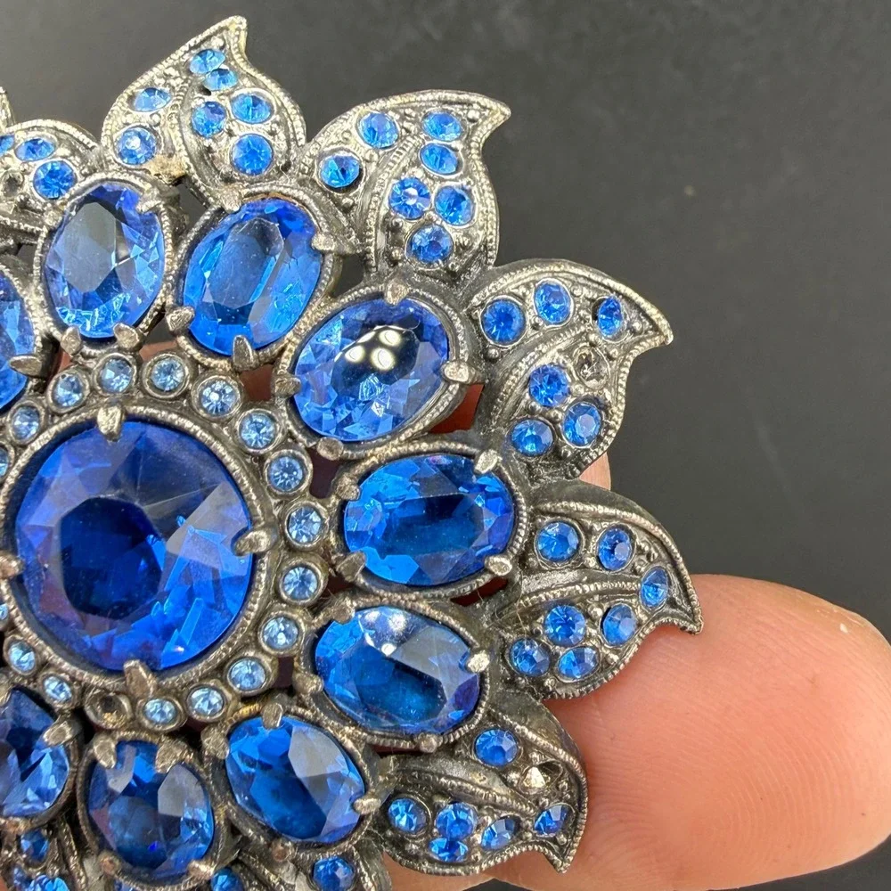 Vintage Pot Metal Brooch Blue Rhinestone Sunflower Brooch Floral  Large